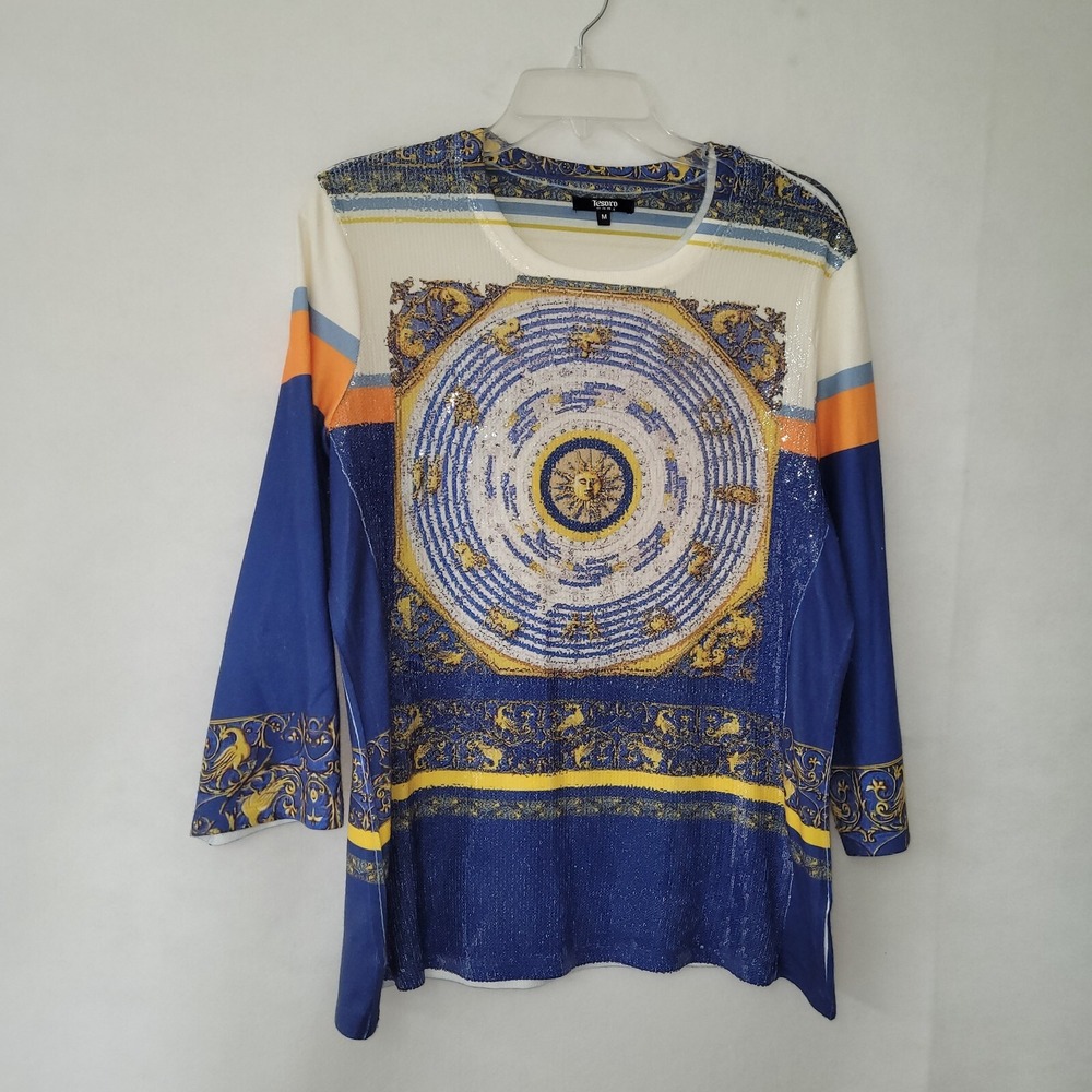 TESORO MODA Shirt Womens‎ M Long Sleeve Sequin Embellished Sun Celestial Print